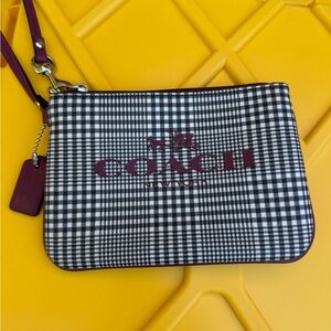 Coach Black and White Plaid Wristlet with Purple Accents